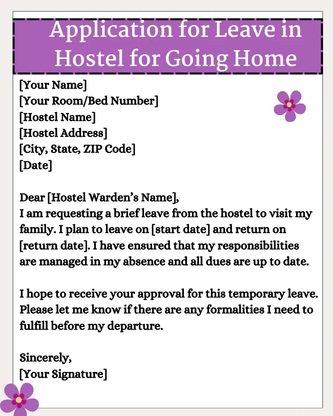 Application For Leave In Hostel For Going Home