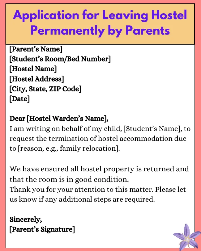 Application For Leaving Hostel Permanently By Parents