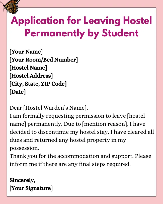 Application For Leaving Hostel Permanently By Student