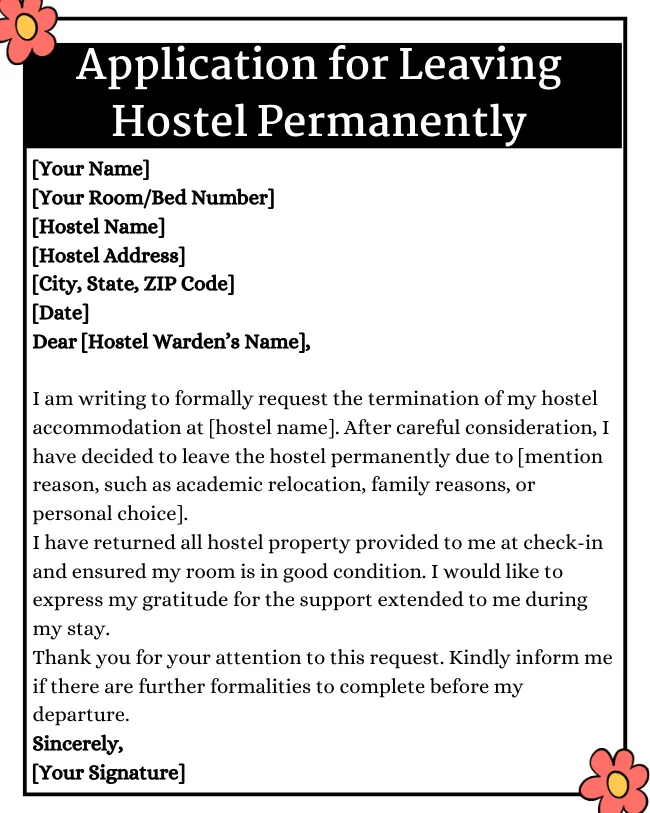 Application For Leaving Hostel Permanently