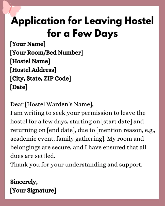 Application For Leaving Hostel For A Few Days