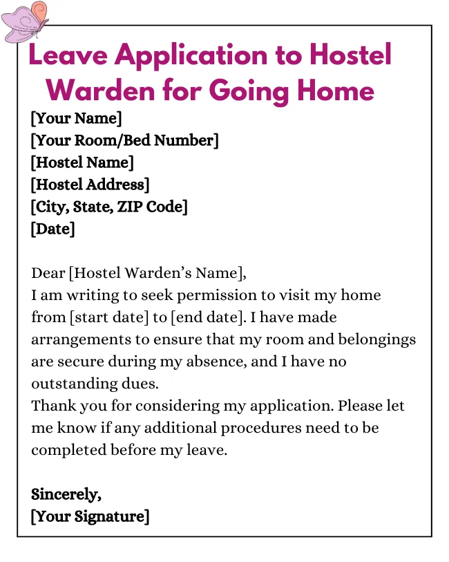 Leave Application To Hostel Warden For Going Home