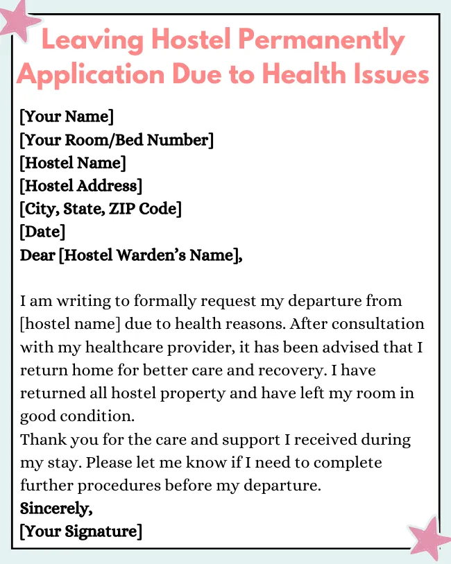 Leaving Hostel Permanently Application Due To Health Issues