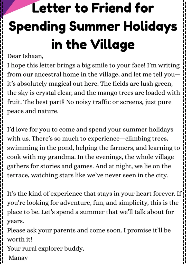 Letter to Friend for Spending Summer Holidays in the Village