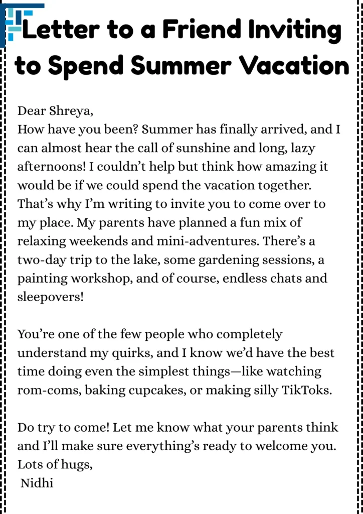 Letter to a Friend Inviting to Spend Summer Vacation