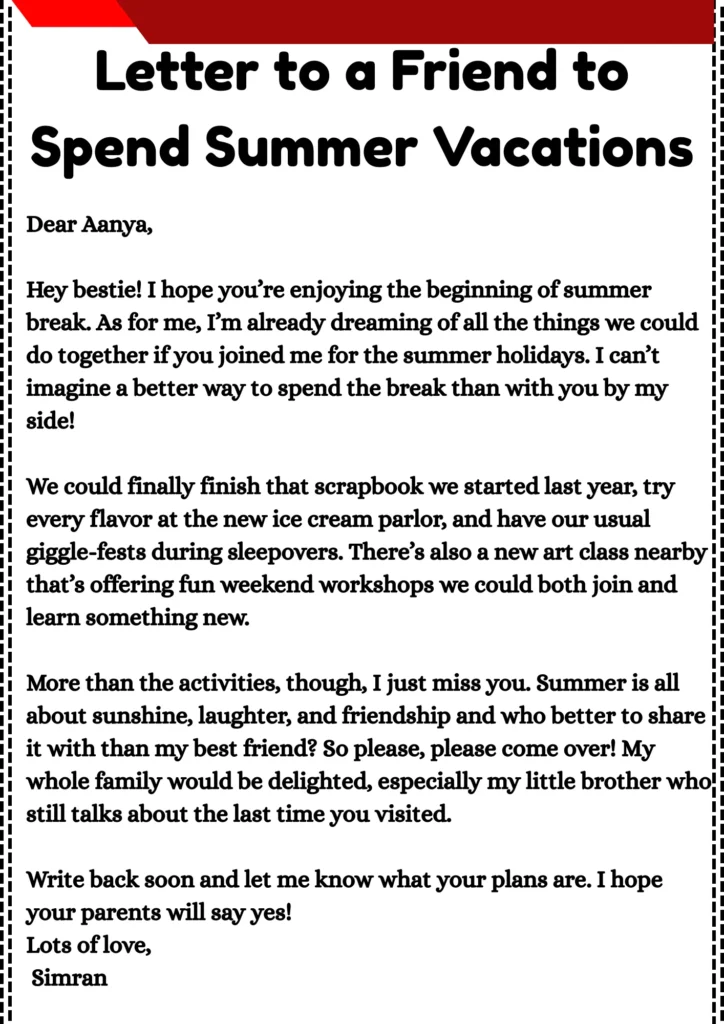 Letter to a Friend to Spend Summer Vacations